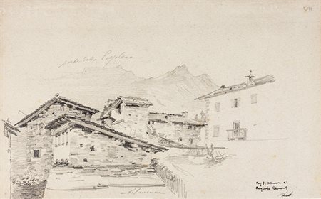 Eugenio Gignous,&nbsp;Veduta di paese lombardo. Matita di grafite su carta....
