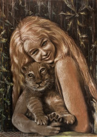 Louis-Aimé Grosclaude,&nbsp;Bimba con cucciolo di leone. Pastelli colorati su...