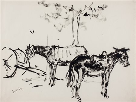 Giuseppe Novello,&nbsp;Mulo con albero e carro. Penna, pennello e inchiostro...