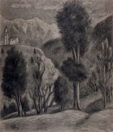 Ubaldo Oppi,&nbsp;Paesaggio. Carboncino su carta. mm 410x350. Firmato in...