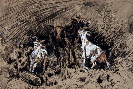 Filippo Palizzi,&nbsp;Cavallo e caprette. Penna, inchiostro e acquerello su...