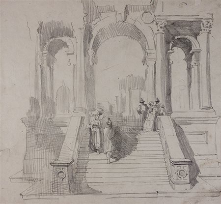 Alberto Pasini&nbsp;[attribuito a],&nbsp;Figure su una scalinata. Matita di...