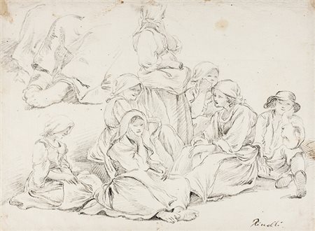 Bartolomeo Pinelli&nbsp;[attribuito a],&nbsp;Paesani seduti.Matita di grafite...