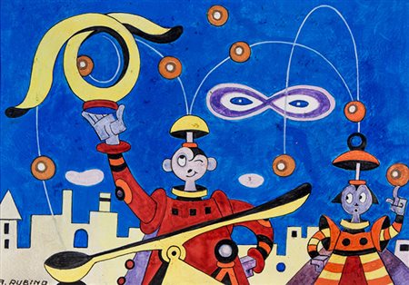 Antonio Rubino,&nbsp;Personaggi spaziali.Tempera su cartone. mm 260x370....