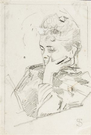 Telemaco Signorini,&nbsp;Donna che legge. Matita di grafite su carta. mm...