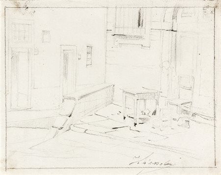 Telemaco Signorini,&nbsp;Esterno di casa con tavolino. Matita di grafite su...