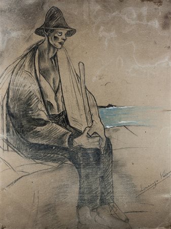 Lorenzo Viani,&nbsp;Viandante in riva al mare. Carboncino e tempera su...
