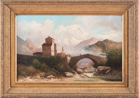 Anonimo del XIX secolo,&nbsp;Paesaggio con ponte con le Apuane sullo...