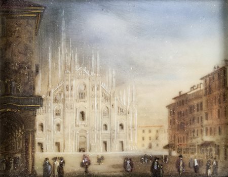 Scorcio di piazza del Duomo a Milano.1820 ca.Miniatura su avorio. cm...
