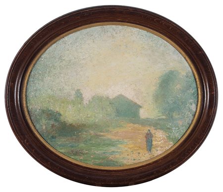 Giuseppe Amisani,&nbsp;Paesaggio con figura. Olio su cartone. cm 47x57....