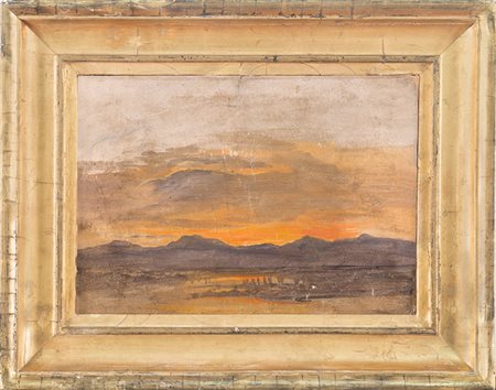 Pietro Annigoni,&nbsp;Paesaggio al tramonto. Olio su cartone. cm 23,5x33....