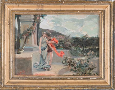 Giulio Bargellini,&nbsp;Idillio.Olio su tavola. cm 23x33. Firmato in basso...