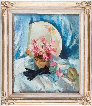 Sergio Cirno Bissi,&nbsp;Natura morta con fiori e guanti.1949Olio su cartone....