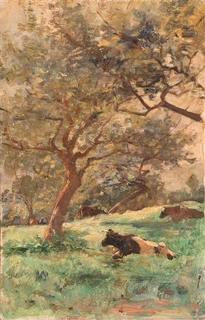 Stefano Bruzzi&nbsp;[attribuito a],&nbsp;Paesaggio con mucche. Olio su...