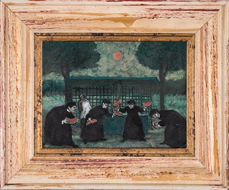 Nino Caffè,&nbsp;Preti con cocomeri. Olio su tela. cm 18x24. Firmato in basso...