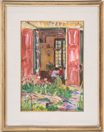 Mario Cavaglieri,&nbsp;Scena d'interno vista da giardino.1954&nbsp;Olio su...