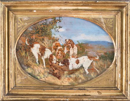 Eugenio Cecconi,&nbsp;Cani da caccia.Olio su tavoletta. cm 24x34. Sul retro...