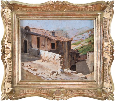 Eugenio Cecconi,&nbsp;Veduta di paese. Olio su tavola. cm 19x23.Al retro, a...