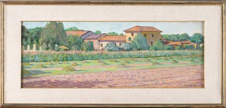 Galileo Chini,&nbsp;Paesaggio.1931Olio su compensato. cm 24x66. Firmato in...