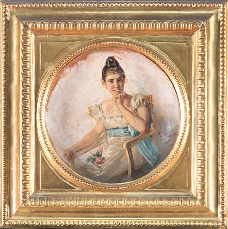 Giovanni (Nino) Costa,&nbsp;Ragazza seduta. Olio su scodella di legno....