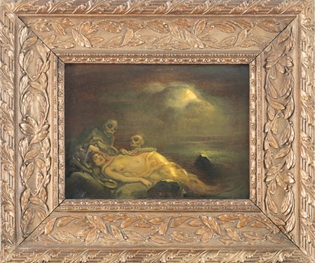 Jan Frans De Boever,&nbsp;Notturno con donna nuda e scheletri.Olio su...