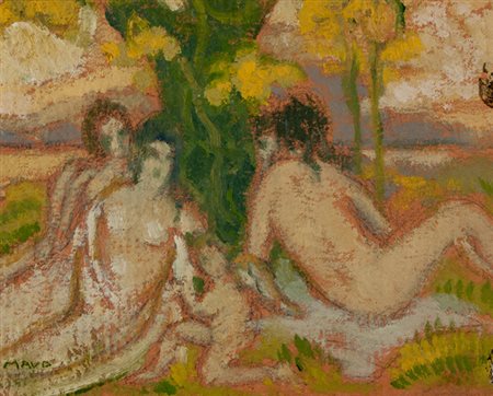 Maurice Denis&nbsp;[attribuito a],&nbsp;Tre nudi femminili con amorino.Olio...