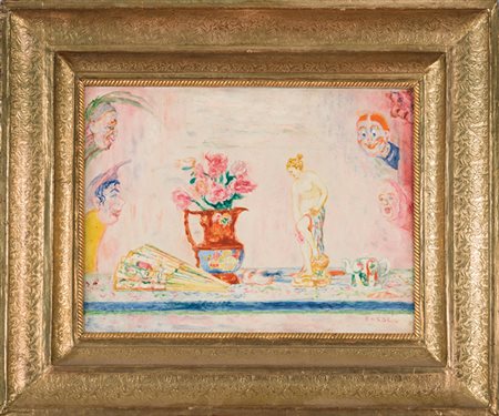 James Ensor,&nbsp;Fleurs et statuette.1938Olio su tavoletta d&rsquo;ebano. cm...