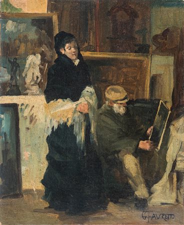 Giacomo Favretto,&nbsp;Scena d'atelier. &nbsp;Olio su tela. cm 50x40,5....