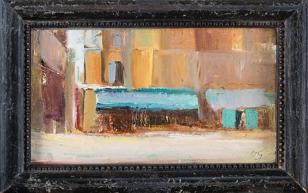 Oscar Ghiglia,&nbsp;Case.Olio su tavoletta. cm 9x15. Siglato "og"...