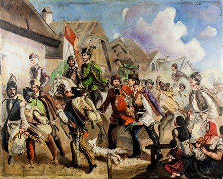 János Jankó,&nbsp;Corteo militare. Olio su tavola. cm 40x50. Al retro...