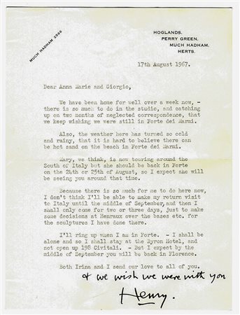 Moore Henry,&nbsp;Lettera dattiloscritta con annotazione e firma autografa...