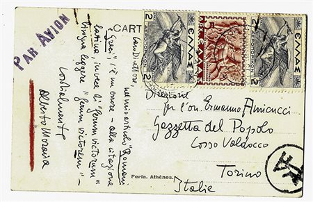 Moravia Alberto,&nbsp;Cartolina postale viaggiata, autografa firmata, inviata...