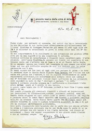 Strehler Giorgio,&nbsp;Lettera autografa firmata inviata a Antonio...