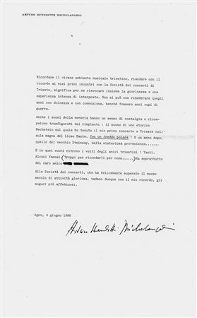 Benedetti Michelangeli Arturo,&nbsp;Lettera dattiloscritta con firma...