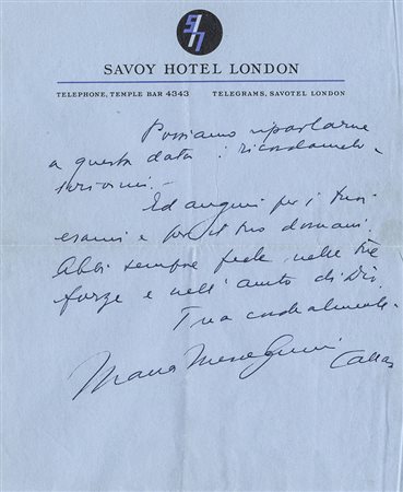 Callas Maria,&nbsp;Lettera manoscritta firmata 'Maria Meneghini Callas'...