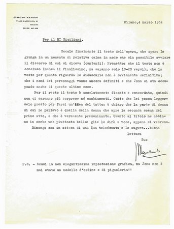 Manzoni Giacomo,&nbsp;Lettera dattiloscritta con firma autografa inviata al...