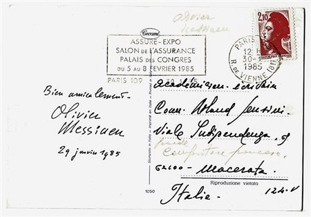 Messiaen Olivier,&nbsp;Cartolina viaggiata autografa firmata. Datata 30...