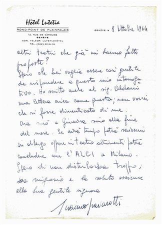 Pavarotti Luciano,&nbsp;Lettera autografa firmata inviata al Maestro...