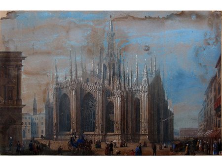 Firma illeggibile (XIX secolo) Duomo di Milano 15x25 cm Acquarello su carta