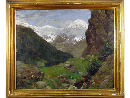 Giuseppe Palanti (1881–1946) Paesaggio con figura e Monte Rosa 46x56 cm Olio...
