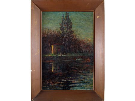Giuspeppe Grondona (XIX-XX secolo) Paesaggio fluviale con figura 60x40 cm...