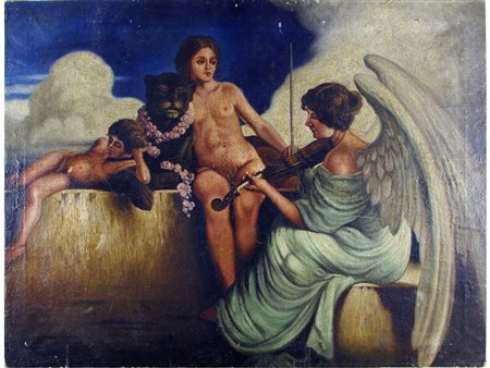 Siglato W.H.(XIX secolo) Scena allegorica 70x100 cm Olio su tela