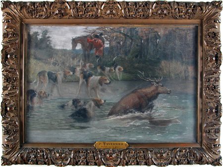 Paul Tavernier (1852-1943) Incitamento di caccia sul lago ghiacciato 50x73 cm...