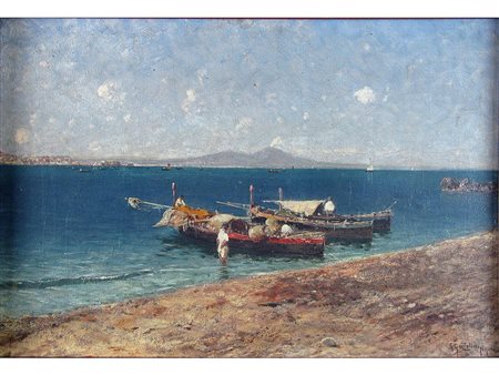 Giuseppe Garzolini (1850-1938) Golfo di Napoli con pescatori 30x45,5 cm Olio...