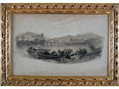 Anonimo (XIX secolo) Scena popolare sul fiume 27,5x43 cm Tecnica mista su...