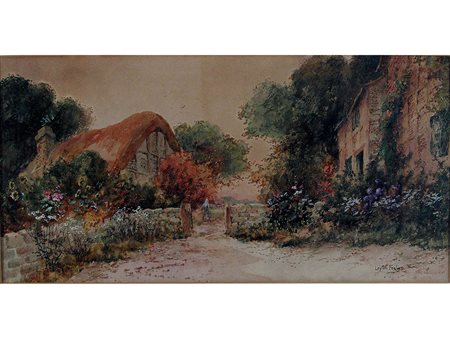 Leyton Forbes (1882 - 1953) Villaggio con cottage e figura 25x50 cm...