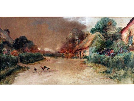 Leyton Forbes (1882 - 1953) Villaggio con cottage e galline 25x50 cm...