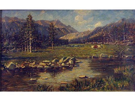 Anonimo (XX secolo) Paesaggi montano con figura e buoi 40x66 cm Olio su tela