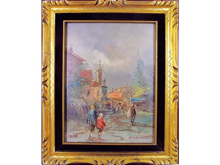 Athos Renzo Brioschi (1922-2000) Paesaggio con figure 40x30 cm Olio su tela