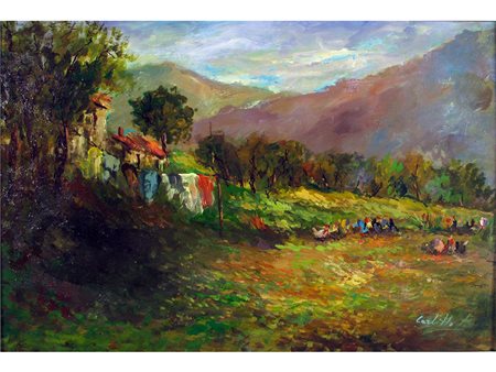 Firma illeggibile (XX secolo) Paesaggio con casolare 40x60 cm Olio su tela